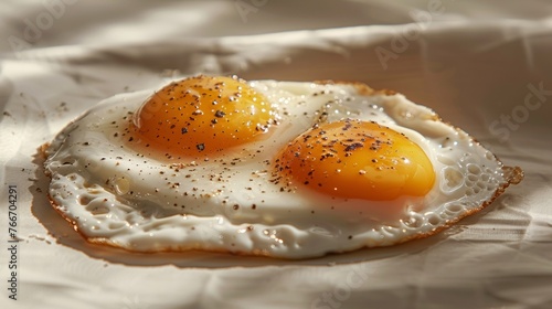 Two fried eggs on a piece of white paper with salt, AI