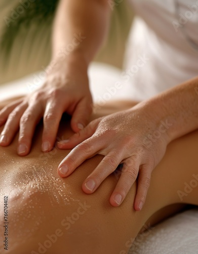 A woman is getting a massage, and her back is covered in lotion