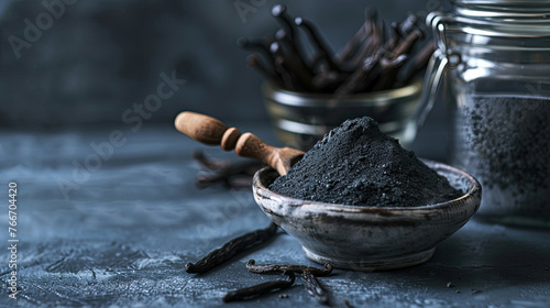 Dark grey background, dark blue sand in a small bowl with a wooden spoon on the side and black chalk sticks photo