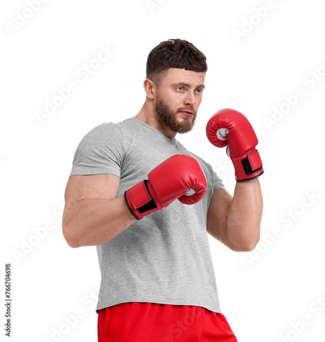 Man in boxing gloves fighting on white background © New Africa