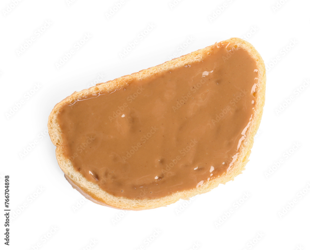 Toast with tasty nut butter isolated on white, top view