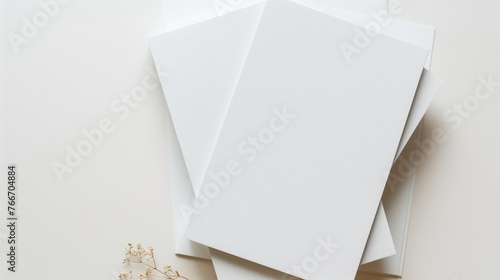 Blank paper sheets on white table background, top view.
