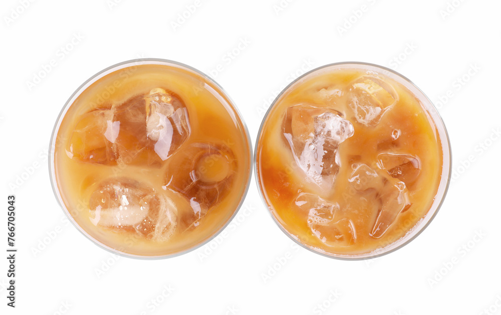 Glasses of fresh iced coffee isolated on white, top view Glasses of fresh iced coffee isolated on white, top view