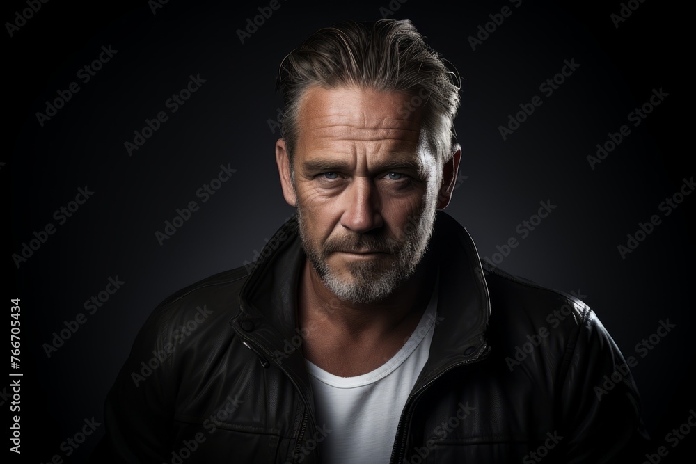 Portrait of a handsome mature man in a leather jacket. Men's beauty, fashion. Portrait of a handsome mature man in a leather jacket. Men's beauty, fashion.