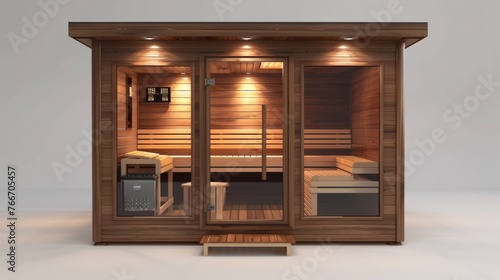 A wooden sauna with a glass door and benches inside, AI