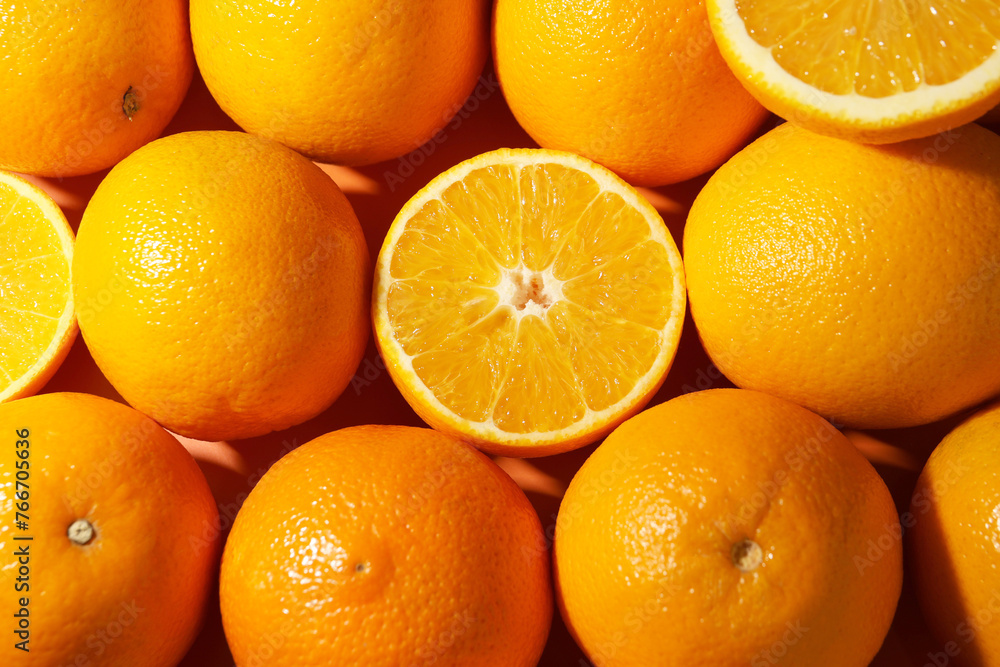 Tasty ripe fresh oranges as background, top view Tasty ripe fresh oranges as background, top view