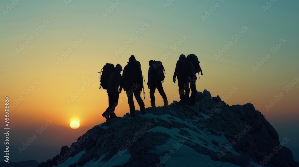 Silhouette of the team on the peak of mountain. Sport and active life