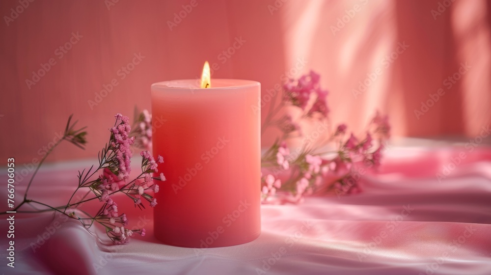 A pink candle on a table with some flowers next to it, AI A pink candle on a table with some flowers next to it, AI