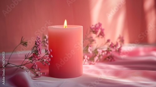 A pink candle on a table with some flowers next to it  AI