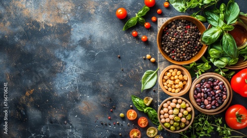 A table with bowls of different vegetables and herbs on it, AI