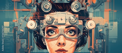 An art piece depicting a woman in eyewear exploring virtual reality. The painting showcases symmetry and visual arts with a futuristic touch