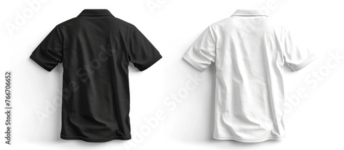 Mock-up template of a blank collared shirt showing front and back views, set against a white background, alongside a simple black t-shirt mockup for showcasing tee designs intended for printing.