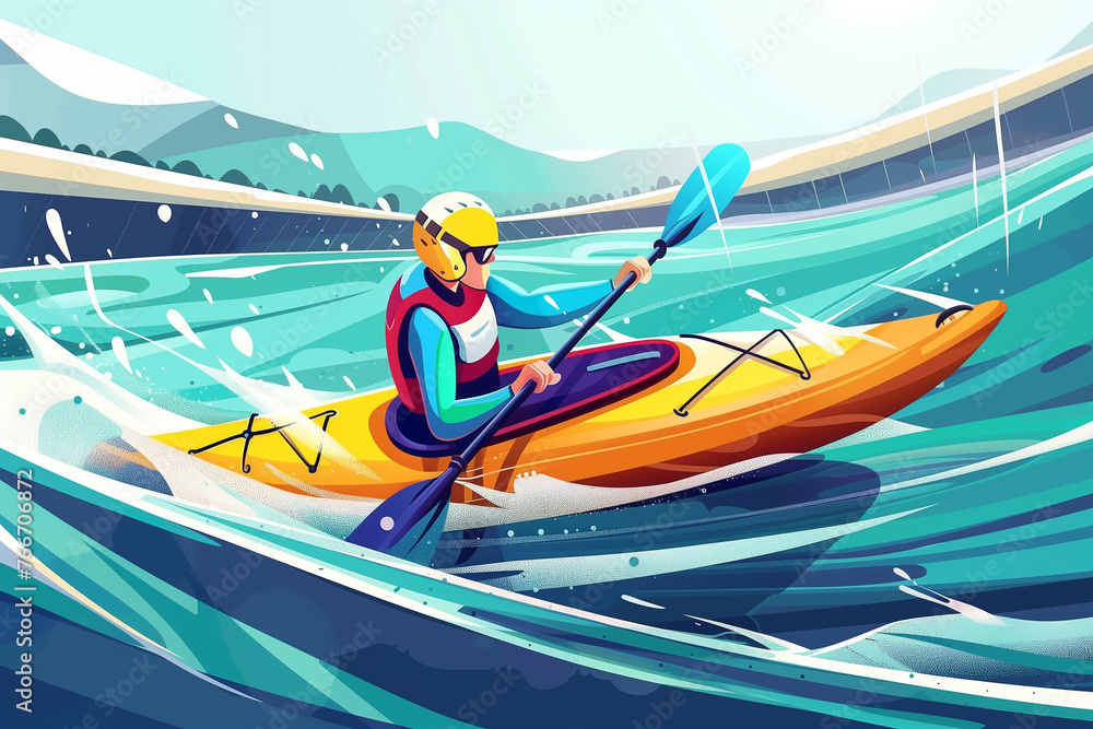 Fototapeta premium Kayak slalom racing through rapid water. Olympics Sport. Gain gradient modern cartoon design. Generative AI.