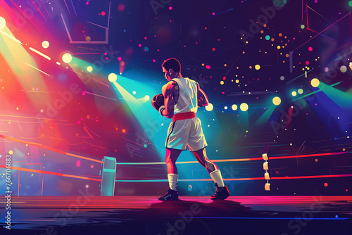 Boxer on boxing ring with gain gradient modern cartoon design. Vibrant bright colors. competition and victory. Olympics Sport Infographic. Generative AI.