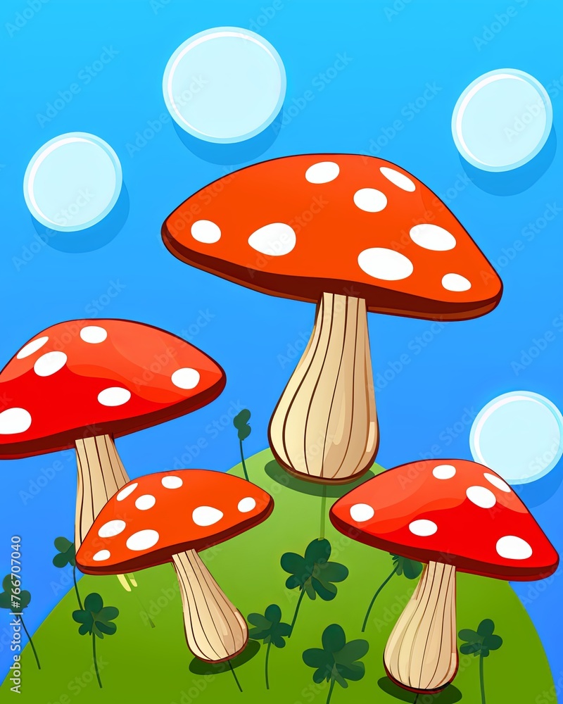 A cluster of floating mushrooms scattered across the scene, cartoon minimal cute flat design A cluster of floating mushrooms scattered across the scene, cartoon minimal cute flat design