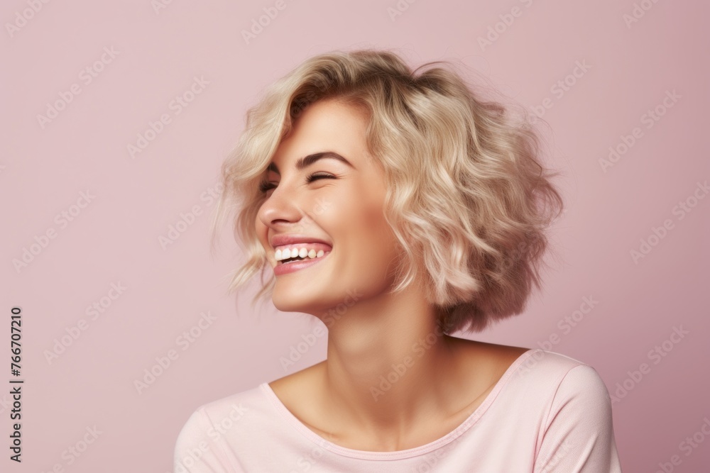 Portrait of a beautiful young woman with blond curly hair on pink background Portrait of a beautiful young woman with blond curly hair on pink background
