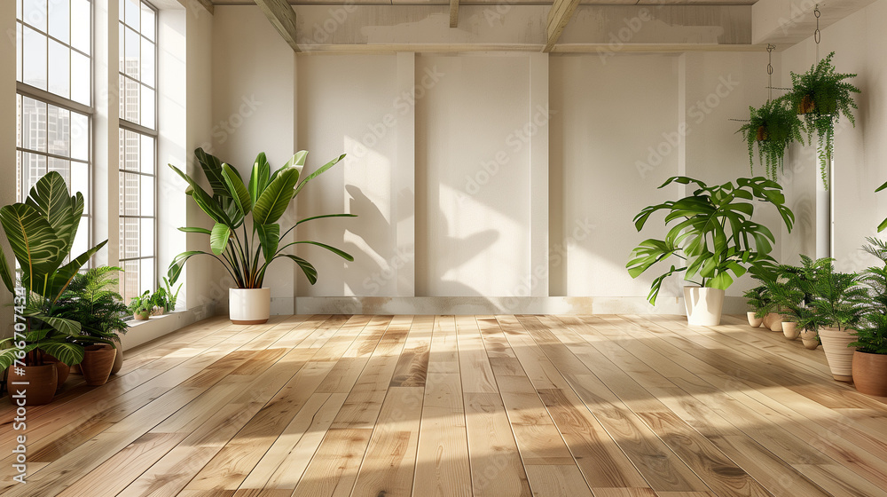 Empty Apartment Mockup: Modern Loft with Wooden Floor and Plants
