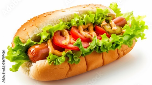 Hot dog with lettuce and tomato on white background