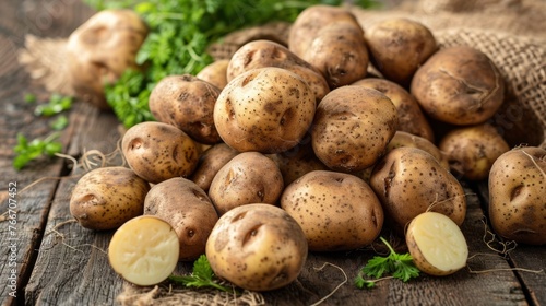 A pile of potatoes on a wooden table with some parsley, AI