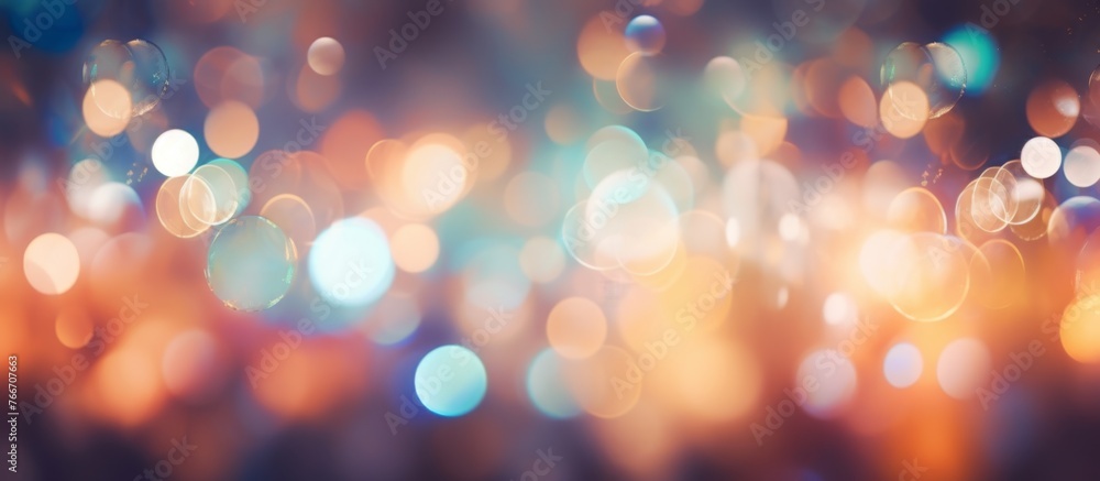 A stunning macro photography image capturing a mesmerizing pattern of colorful lights including amber, magenta, and electric blue hues, forming a beautiful circle on a dark background