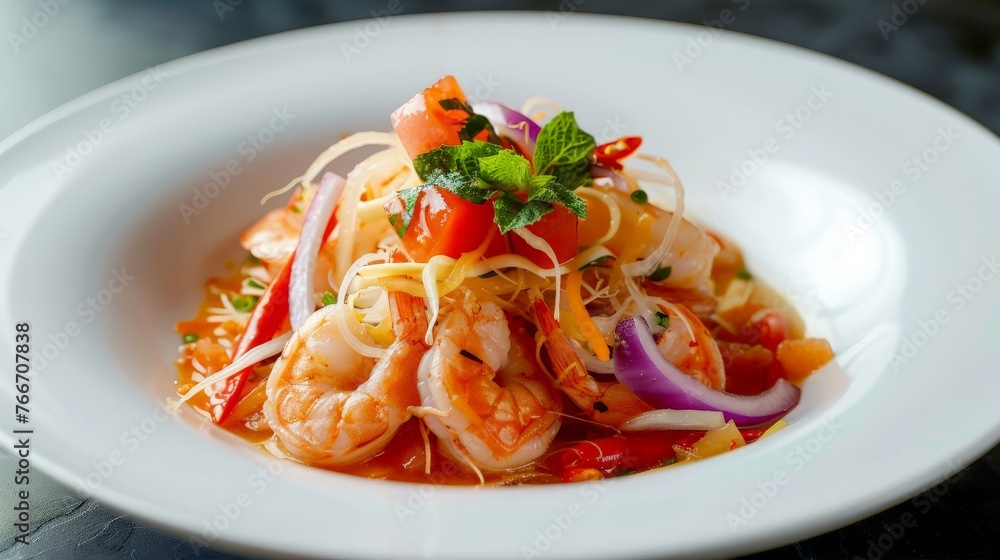 Papaya salad with shrimp in white plate Papaya salad with shrimp in white plate