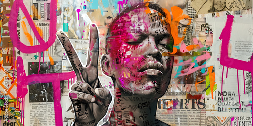 A man doing the sign of victory with his hand, symbolic rebel graffiti, Black Lives Matter, collage of multicolored grunge newspapers, urban graphic artwork, street art, mixed media