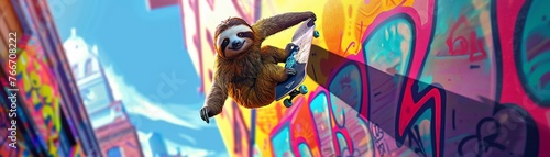 Dynamic scene of a sloth on a skateboard, executing a perfect kickflip, with graffiti walls as the backdrop in vibrant 8K