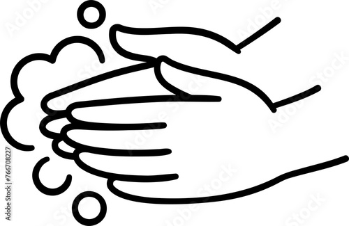 Hand washing icon, hand drawn black and white line art doodle. Two hands with soap lather. Simple clip art illustration.