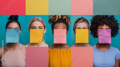 A group of women with different colored paper stuck to their faces, AI