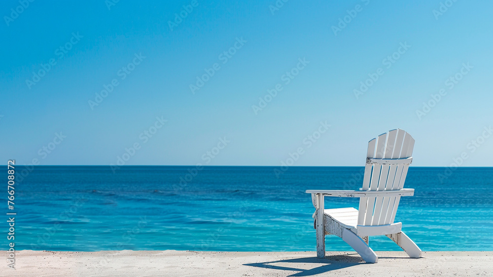 Fototapeta premium A chair set against a clear blue sky and sparkling ocean