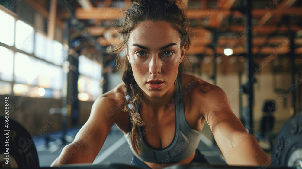 A determined woman in activewear pushing her limits at the gym A determined woman in activewear pushing her limits at the gym