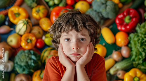 A backdrop filled with colorful vegetables as a child sulks in the foreground photo