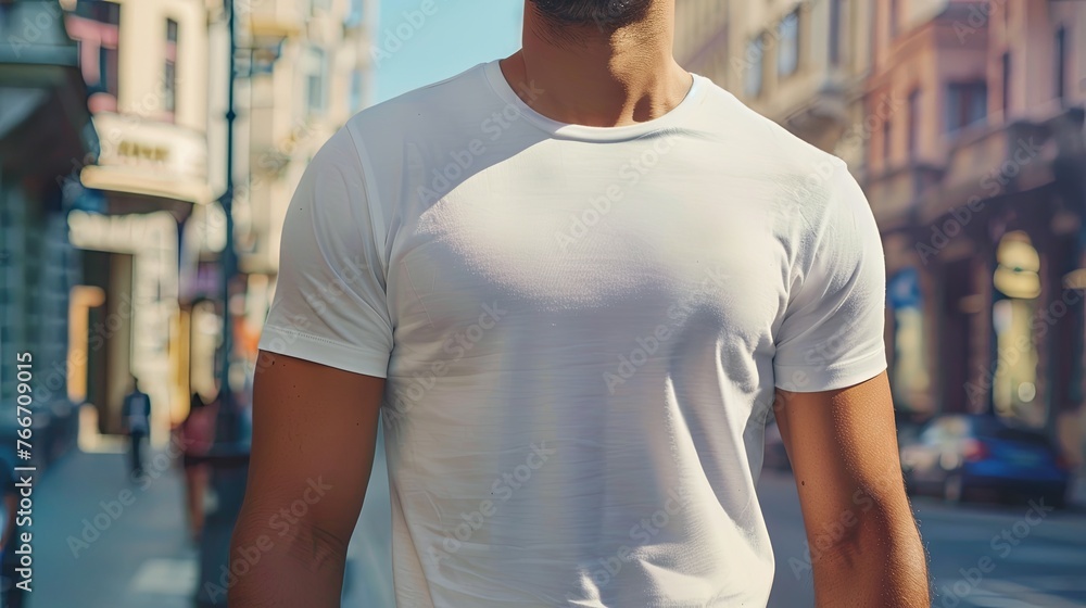 Man in white empty t-shirt mock up wallpaper background Man in white empty t-shirt mock up wallpaper background