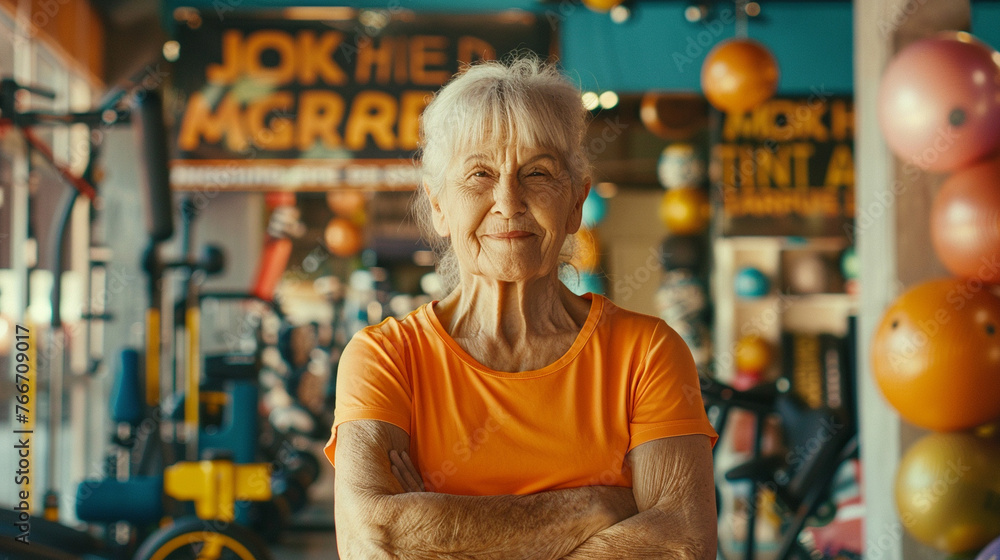 An older lady surrounded by motivational quotes and bright workout equipment An older lady surrounded by motivational quotes and bright workout equipment