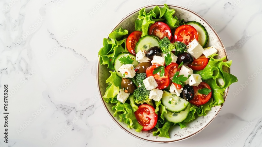 Fresh Greek salad bowl on a marble countertop - Overhead shot of a colorful, fresh Greek salad with varied ingredients, symbolizing healthy eating and Mediterranean cuisine Fresh Greek salad bowl on a marble countertop - Overhead shot of a colorful, fresh Greek salad with varied ingredients, symbolizing healthy eating and Mediterranean cuisine
