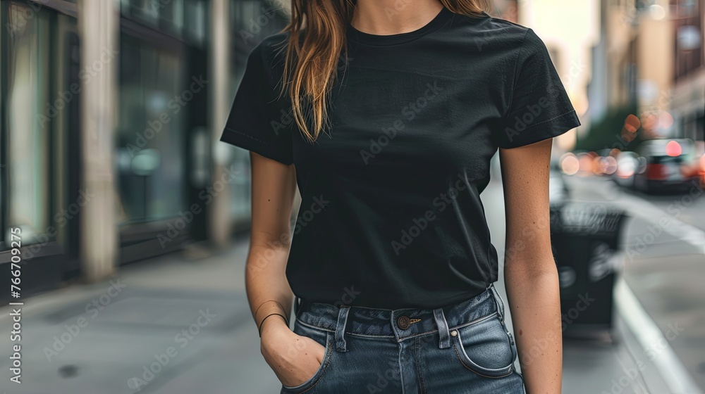Woman in black empty t-shirt mock up wallpaper background Woman in black empty t-shirt mock up wallpaper background