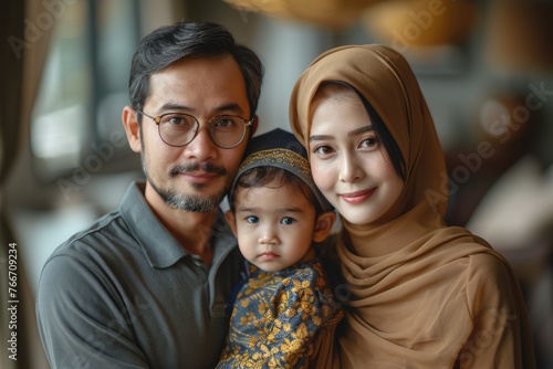 Family portrait with warm tones - Beautiful family portrait with husband, wife wearing a hijab, and child in traditional attire