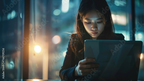 Focused woman using a tablet at night - A focused young woman is using her tablet intently in a dark room illuminated by city lights and screen glow photo