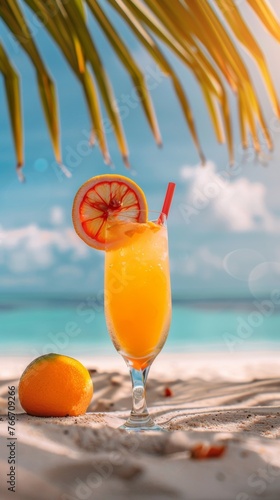 A close up of a drink sitting on the beach with an orange, AI