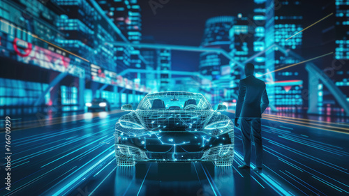 Futuristic car design with a man in a cityscape - A man in a suit stands next to a wireframe car design against a futuristic cityscape at night with neon lights © Tida