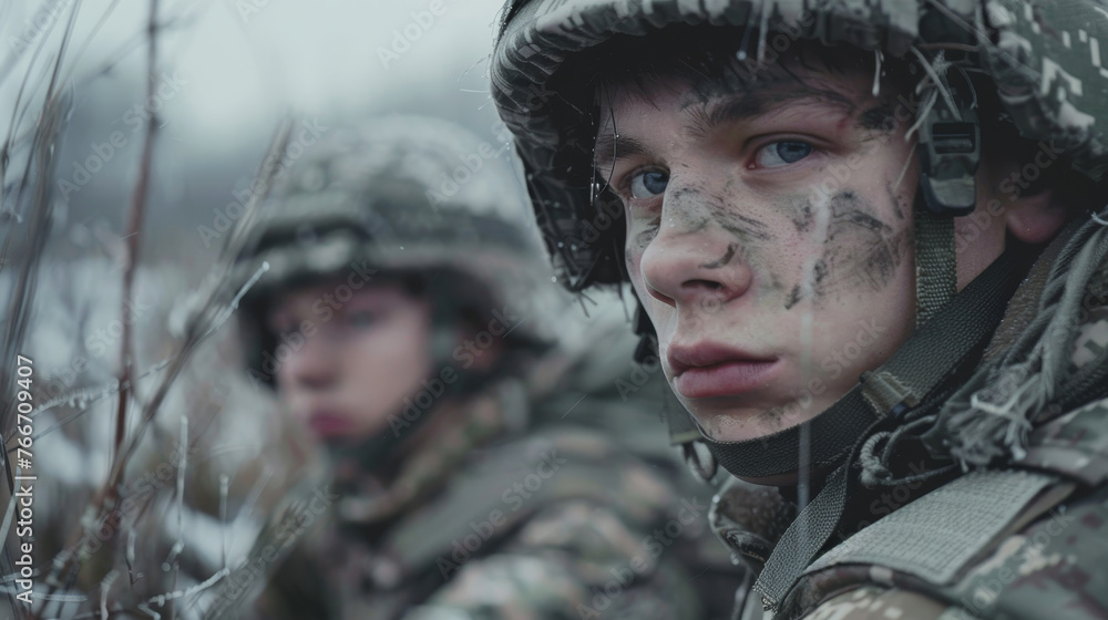 Military Sacrifice Cinematic shots honoring the sacrifice of Ukrainian soldiers capturing their courage and dedication  AI generated illustration