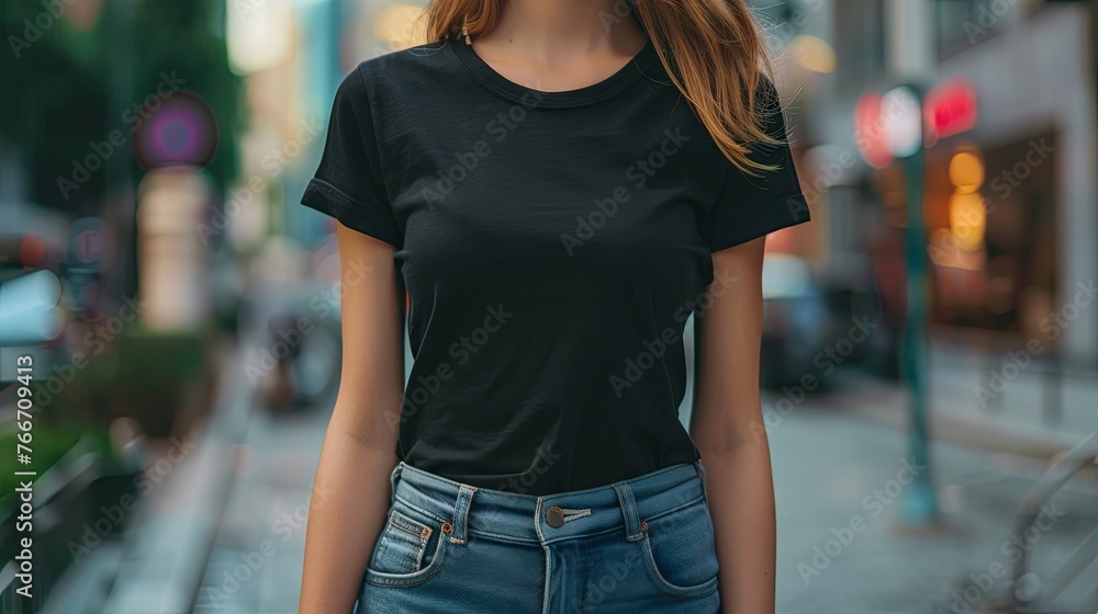 Woman in black empty t-shirt mock up wallpaper background