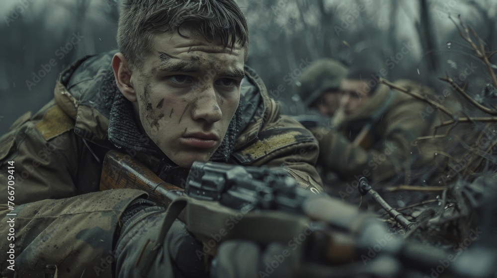 Military Sacrifice Cinematic shots honoring the sacrifice of Ukrainian soldiers capturing their courage and dedication in defen  AI generated illustration