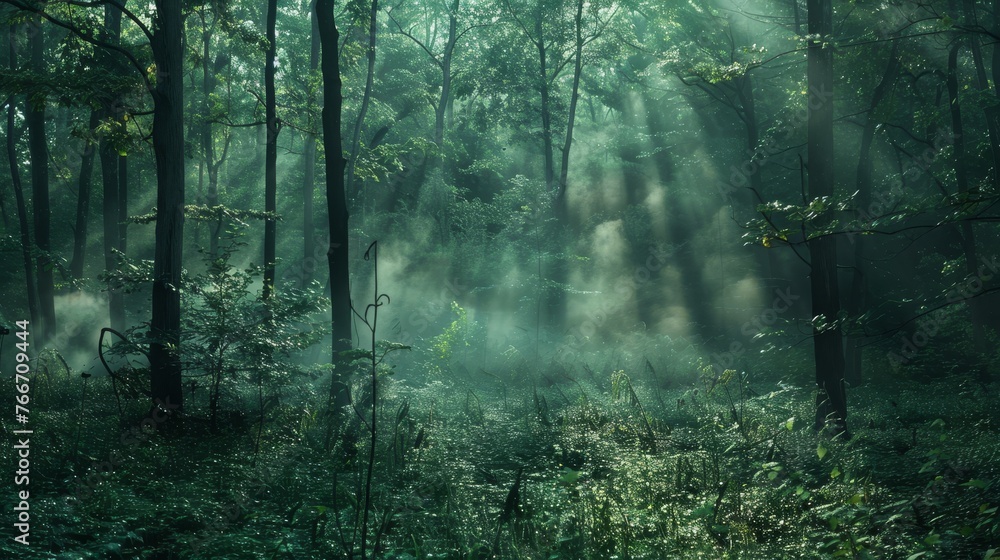 Fototapeta premium Mist rising from a forest floor AI generated illustration