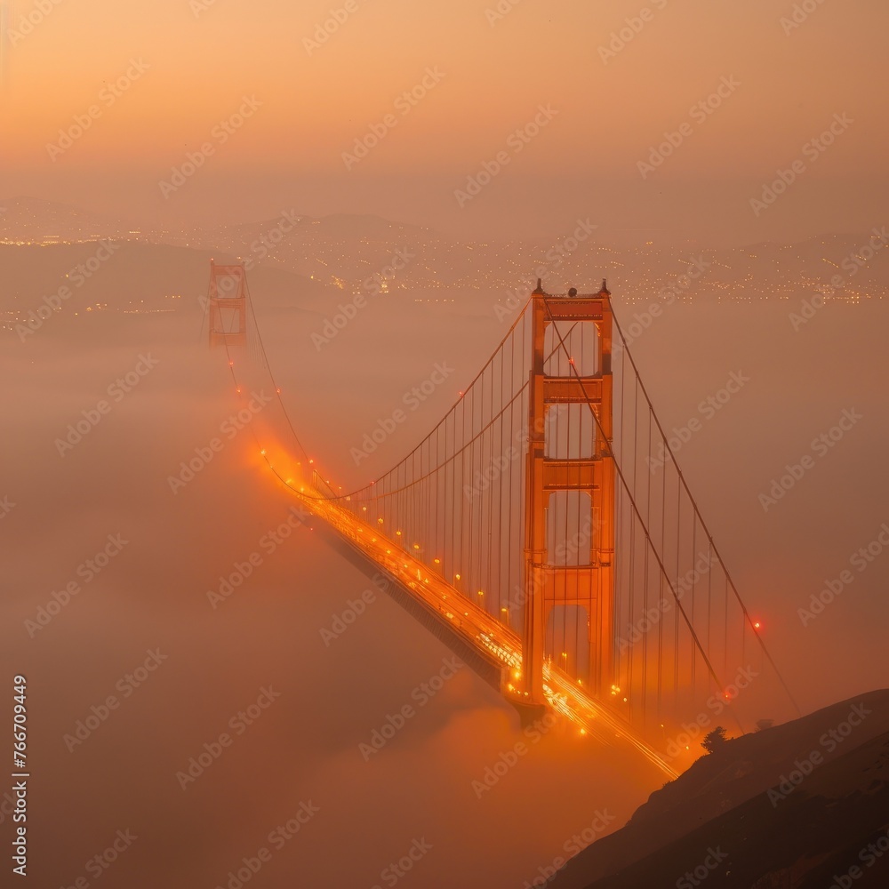 Fototapeta premium Golden Gate Bridge enveloped by fog - The Golden Gate Bridge stands out with its vibrant orange hue against the soft foggy backdrop during twilight