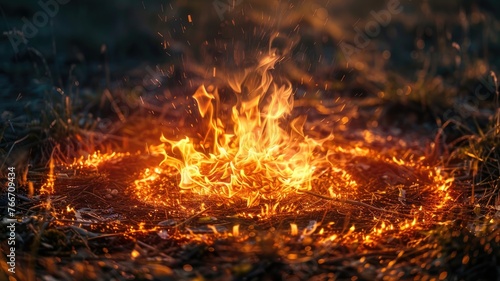 A vibrant campfire burning at twilight - A captivating image showcasing the intense flames of a small campfire amidst a twilight backdrop, illuminating the surrounding area