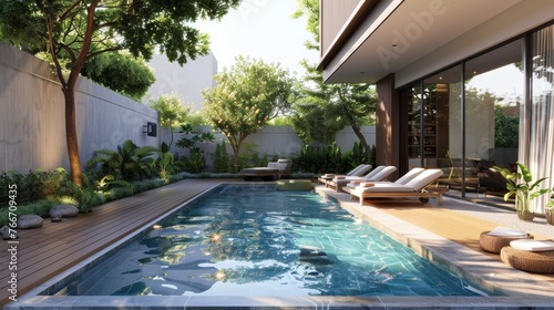 Minimalistic pool area with a sleek deck and loungers AI generated illustration
