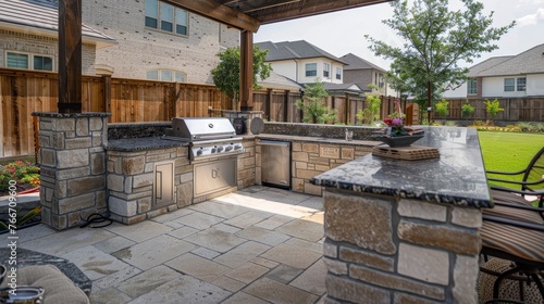 Outdoor kitchen with a built-in grill and dining area   AI generated illustration