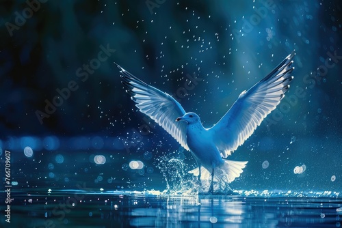 Bird splashing in water with bokeh lighting - Energetic image of a bird landing in water, creating a dynamic splash, with dramatic bokeh lighting effects