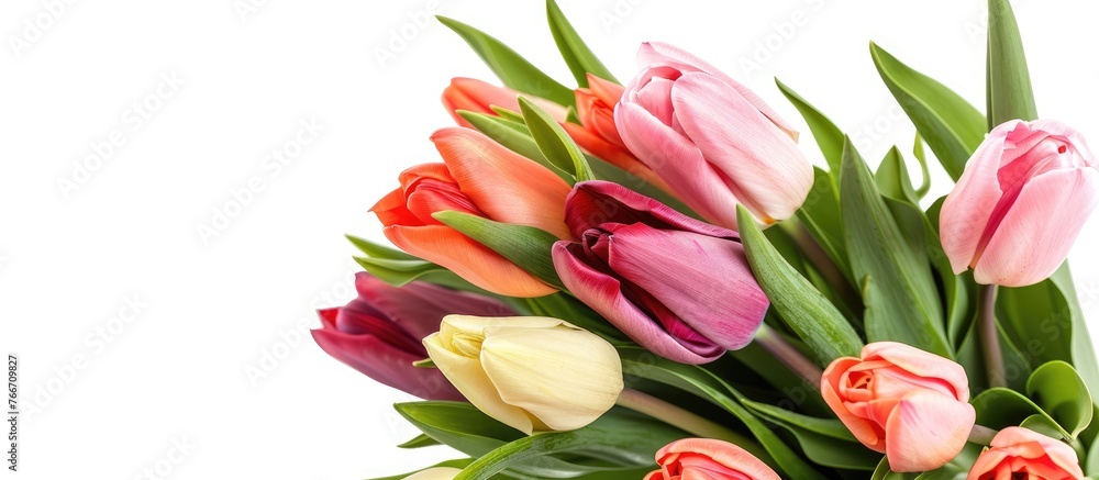 Fresh tulips in a bouquet displayed against a white background (with placeholder text) Fresh tulips in a bouquet displayed against a white background (with placeholder text)